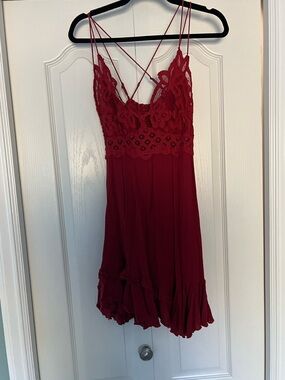 Free People Burgundy Lace-Trim Mini Dress